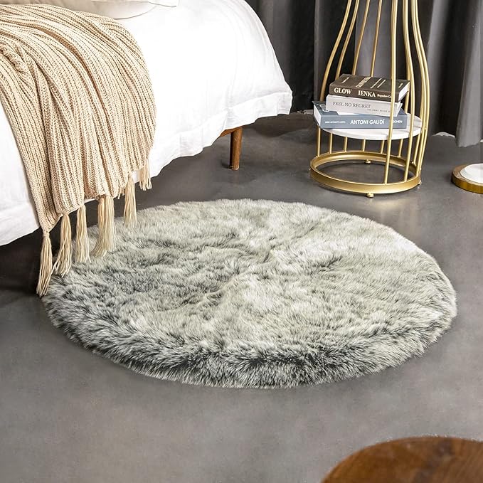 Ashler HOME DECO Soft Fox Faux Fur Chair Couch Cover Area Rug for Bedroom Floor Sofa Living Room Green White 3 x 3 Feet Round