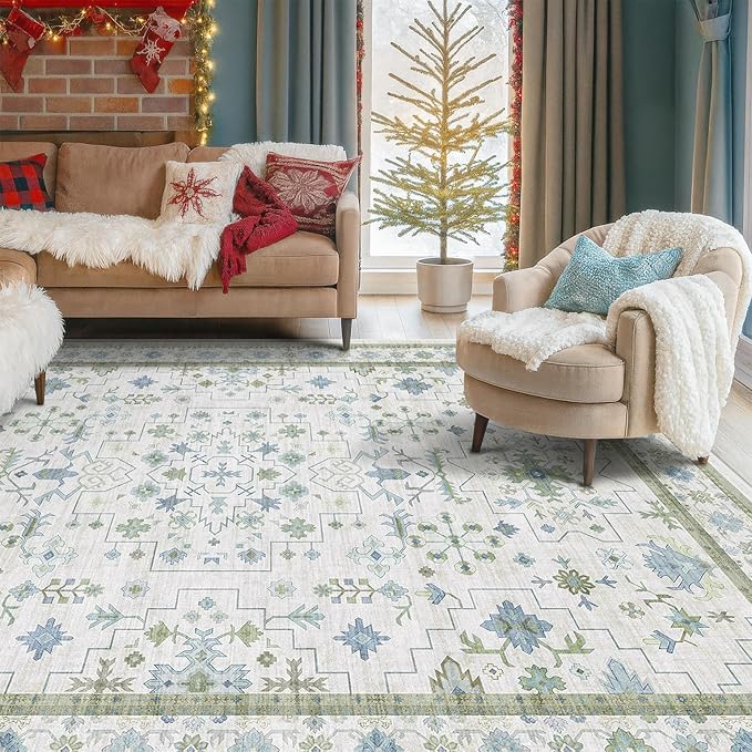 Hazo Haus Cream Oushak 6x9 Bedroom Rug - Boho Floral Cool Blue and Green, Washable Low Pile Non-Slip Ultra-Thin Large Area Rugs for Bed Room, Living Room, Playroom