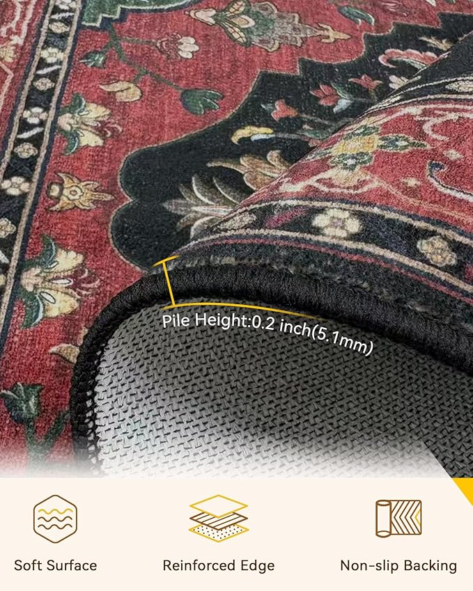 Area Rugs 6'x9' Washable Non-Slip, Floral Vintage Distress Print Pattern Medallion Carpet for Living Room Bedroom Dining Room, Red Black