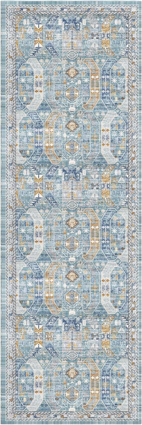 Madane Runner Rug 2'6''x8' Kitchen Runner, Hallway Runner Printed Vintage Washable Rugs Soft Non-Slip Low Pile Runners for Hallways Laundry Room Distressed Carpet, Blue/Gold