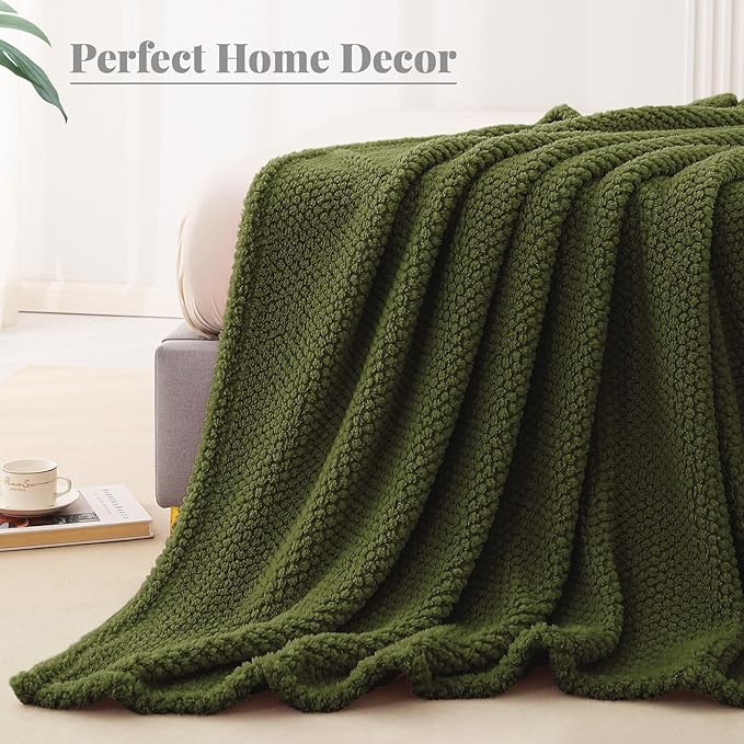 Whale Flotilla Twin Size Fuzzy Fleece Blanket, Fluffy Warm Soft Jacquard Bed Blankets for All Season, Lightweight and Cozy, 60x80 Inch, Olive