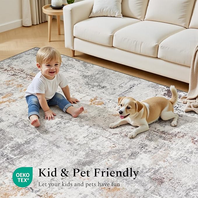 Rugflix 9x12 Area Rugs for Living Room, Washable Large Rug Stain-Resistant Low Pile, Modern Neutral Carpet for Dining Room Home Office Kid Room Nursery Bedroom, Grey Brown