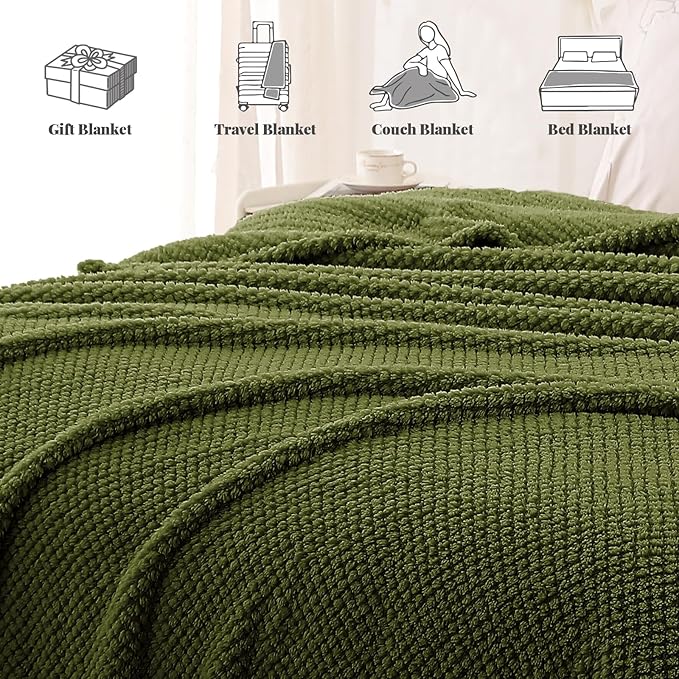 Whale Flotilla Extra Large Fuzzy Fleece Throw Blanket for Couch, 50x70 Inch Fluffy Warm Soft Jacquard Blankets for All Season, Lightweight and Cozy, Olive