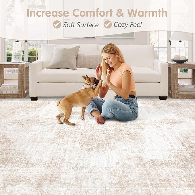 Area Rugs 8x10 Vintage Rug: Large Washable Living Room Rug Retro Medallion Distressed Rugs Soft Low Pile Non-Slip Indoor Floor Carpet for Bedroom Kitchen Nursery Dining Table Office (Beige/Brown)