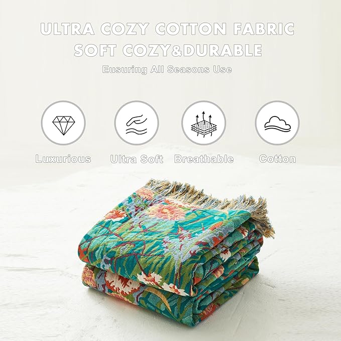 MSGKV Boho Throw Blanket 50"x60" Floral Blankets for Couch 100% Cotton Chair Sofa Throws Lightweight Farmhouse Muslin Spring Breathable Bed Blankets Home Decor All Seasons