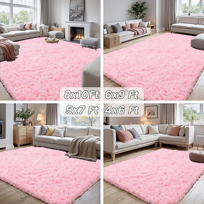 6x9 Area Rugs for Living Room Rug: Soft Fluffy Shag Light Pink Rugs for Bedroom, Non-Slip Large Fuzzy Plush Rug Indoor Floor Carpet for Nursery Kids Boys Girls Room, Dorms, Playroom, Modern Home Decor