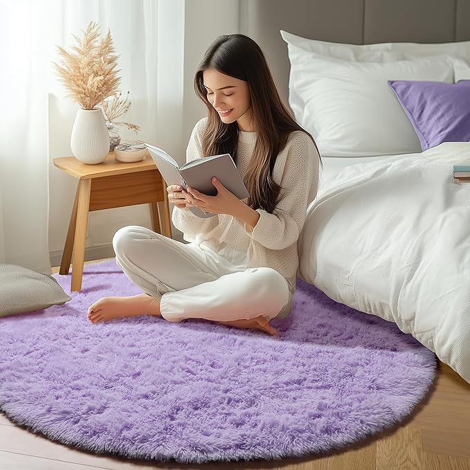 ONASAR Light Purple Round Area Rugs 5ft, Soft Bedroom Circle Rug Floor Mats for Kids Girls Teen, Cute Fluffy Plush Shaggy Carpet for Nursery Dorm Living Room Playroom Home Decor Princess Castle