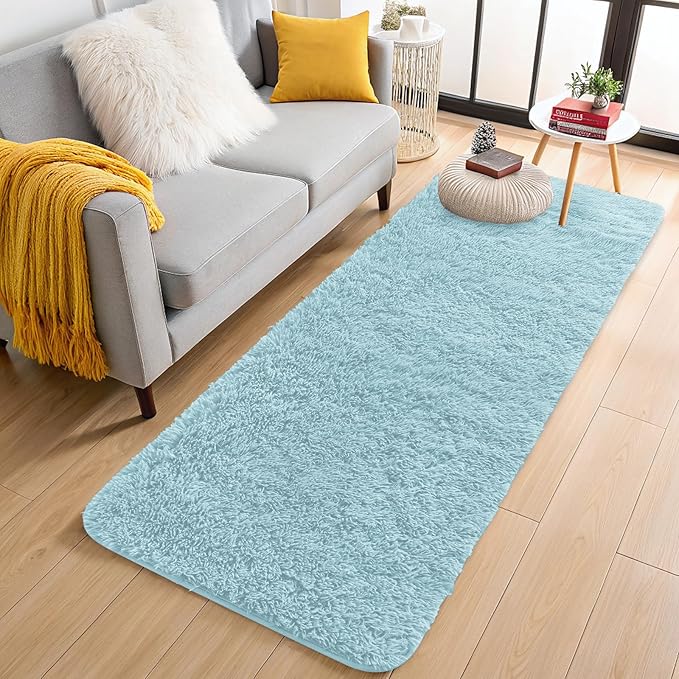 OLANLY 2x6 Machine Washable Runner Rugs for Hallway, Soft Fluffy Shaggy Bedside Rugs for Bedroom, Living Room, Indoor Floor Carpet for Kids Girls and Boys, Home Decor Aesthetic, Light Blue
