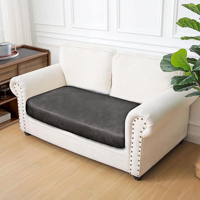 Leather Look Couch Cushion Covers Sofa Seat Slipcovers Sets Couches Furniture Protector for Sectional Armchair Loveseat Pets Kids Stretch Spandex Fabric (1 Cushion Loveseat, Taupe)