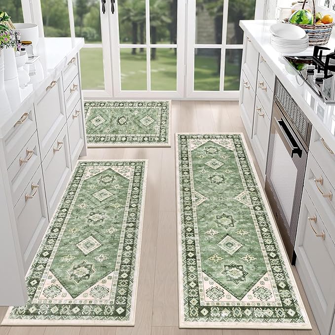 HEBE Boho Kitchen Rug Sets 3 Piece with Runner Non Slip Kitchen Rugs and Mats Washable Kitchen Mats for Floor Thick Kitchen Floor Mat Carpet Runner Rugs for Hallway Laundry Holiday Decor