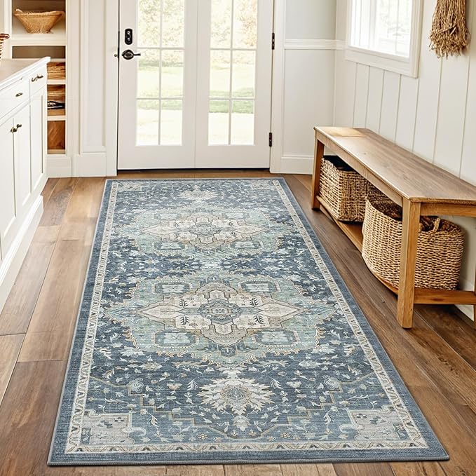 AMADA HOMEFURNISHING 2x6 Washable Runner Rug, Low-Profile Kitchen Rugs with Non-Slip Backing & Durable Edge Binding, Vintage Entryway Runner Rug for Bedroom & Hallway