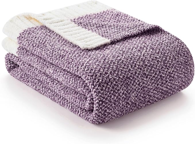 Snuggle Sac Super Soft Purple Blanket Reversible Twin Size for Bed and Sofa, Warm Cozy Knit Blankets Fuzzy Plush, Heather Purple, 60x80 inches