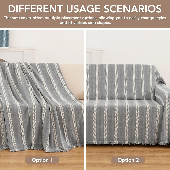 Couch Cover for Dogs, Boho Sofa Covers for 3 Cushion Couch, Chenille Sofa Slipcover for Pets Washable, L-Shape Sectional Loveseat Cover Soft Throw Blankets with Tassels(71x102,Striped Grey)