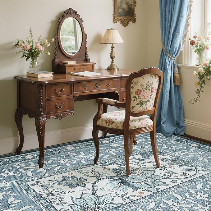 GarveeHome Provence Misty Blue 6x9 Area Rugs, Botanical Grove Vintage Cottagecore Non-Slip Washable Rug for Bedroom Living Room Nursery Kitchen Low-Pile Carpet