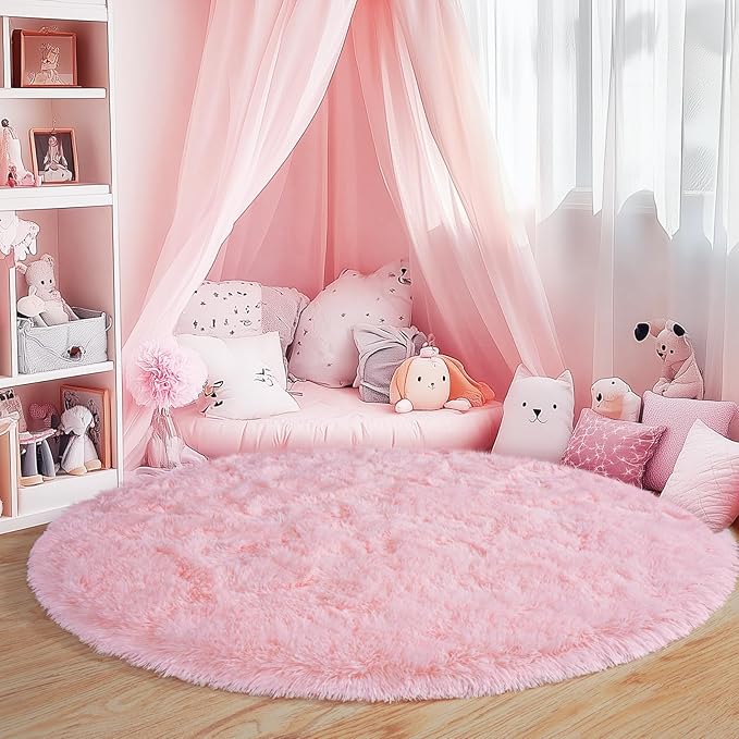 3'x3' Round Pink Rugs for Girls Bedroom, Ultra Soft Fluffy Circle Rug for Kids Room, Cute Small Shag Rugs for Living Room Playroom Tent Castle Home Decor Rug
