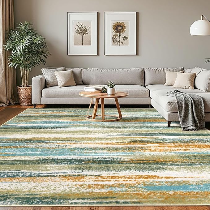 Lansny Modern Abstract 8x10 Large Machine Washable Living Room Rug Non-Slip Soft Bedroom Area Rug Green Mustard Multi Ultra Thin Print Faux Wool Carpet Throw Rugs for Playroom Dining Room Indoor