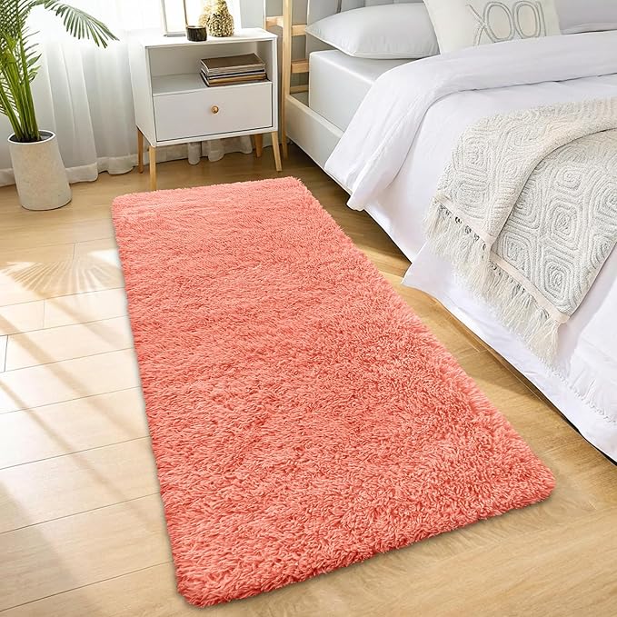 OLANLY 2x6 Machine Washable Runner Rugs for Hallway, Soft Fluffy Shaggy Bedside Rugs for Bedroom, Living Room, Indoor Floor Carpet for Kids Girls and Boys, Home Decor Aesthetic, Coral Red