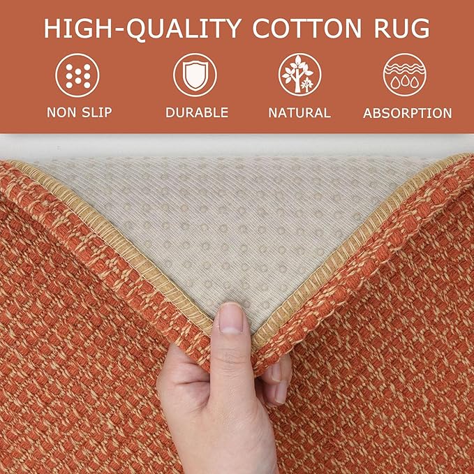 KOZYFLY Runners for Hallways 2x10 ft Washable Kitchen Runner Non Slip Rubber Backed Hallway Rugs Cotton Entryway Runner Rug Floor Carpet for Indoor Hall, Backdoor, Kitchen, Orange/Tan