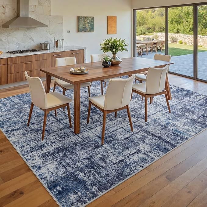 9x12 Area Rugs for Living Room Washable Rug: Anti-Skid Abstract Modern Living Room Rug Soft Thin Carpets Indoor Floor Non-Shedding Carpet for Bedroom Dining Farmhouse Nursery Navy Light Gray