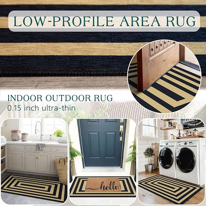 Front Door Mat Indoor Entrance - 2x4.3 Ft Modern Washable Layered Doormat Outdoor Entrance Porch Rug Non-Slip Black Tan Geometric Border Runner Rug for Kitchen Bedroom Laundry Room Porch Decor