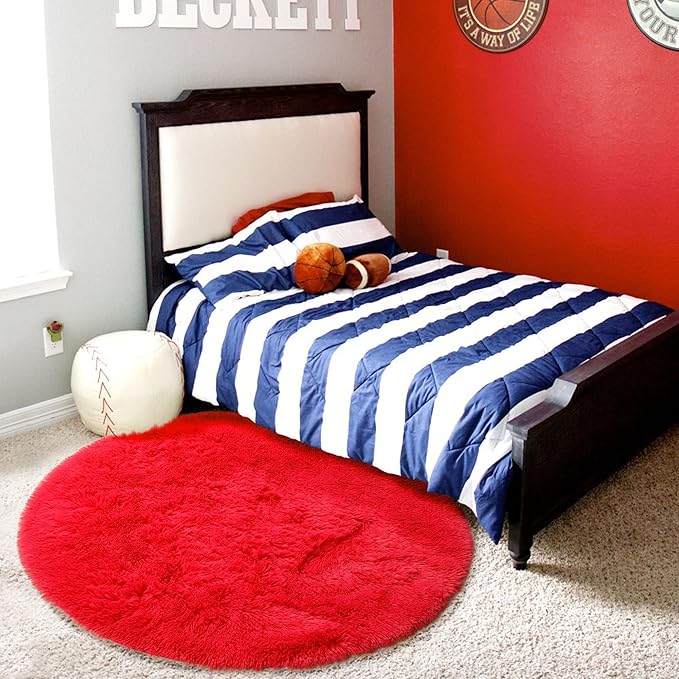 Amdrebio Red Round Rug 5Ft for Boys Bedroom, Fluffy Fuzzy Circle Area Rugs for Kids Room Decor Aesthetic, Plush Shaggy Furry Carpet for Living Room Nursery Dorm Classroom, Shag Baby Teen Christmas Rug