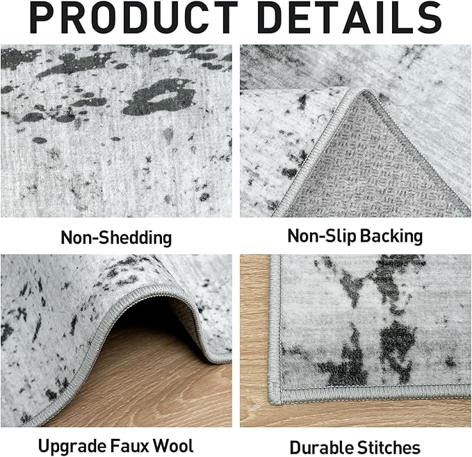 5x7 Area Rugs Washable Rug: Modern Abstract Living Room Rug Soft Anti-Skid Thin Carpet Indoor Floor Non-Shedding Carpets for Bedroom Dining Room Farmhouse Nursery Home Office Black White Grey