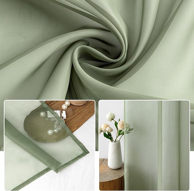 MIULEE 2 Panels Sage Green Sheer Window Curtains Elegant Window Voile Panels/Drapes/Treatment for Bedroom Living Room (54X63 Inches)