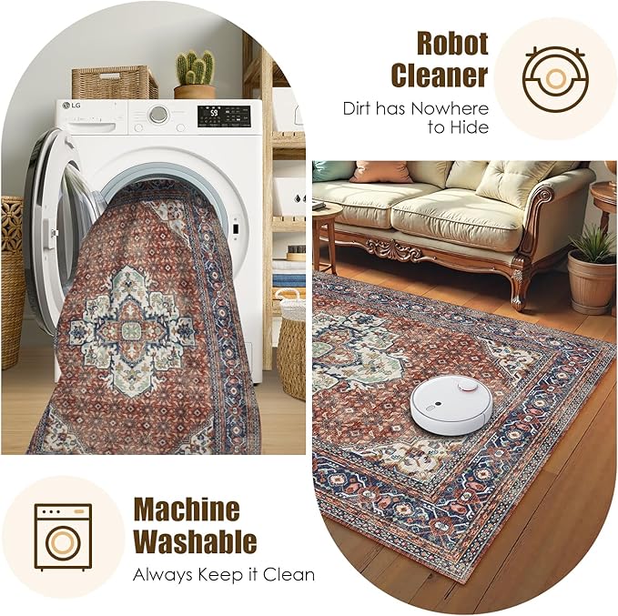 Washable Area Rug 6' x 9' Vintage Traditional Persian Mat - Foldable Distressed Non-Slip Machine Washable Carpet for Living Room Bedroom Kitchen Home Decor - Terracotta and Navy