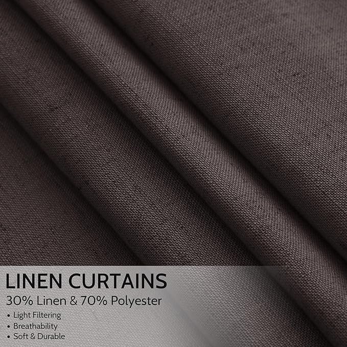 Cocoa Coffee Curtains 63 Inches Long 2 Panel Sets for Living Room Bedroom, Light Filtering Linen Drapes for Kitchen Windows Rod Pocket or Back Tab Curtain,Semi Sheer 52x63
