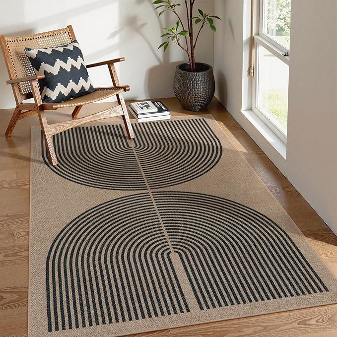 Lahome Enfys Modern Rainbow Easy Jute Office Rug, Outdoor Patio Rug 4x6 for Living Room Washable Carpet for Bedroom, Farmhouse Contemporary Non Slip Non Shedding Black Carpet for Backyard