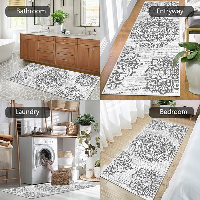 HEBE Hallway Runner Rug 2'x5' Washable Vintage Distressed Area Rugs Non Slip Laundry Rug Runner Boho Floor Carpet Runners for Hallways Entryway Laundry Room Kitchen Bathroom