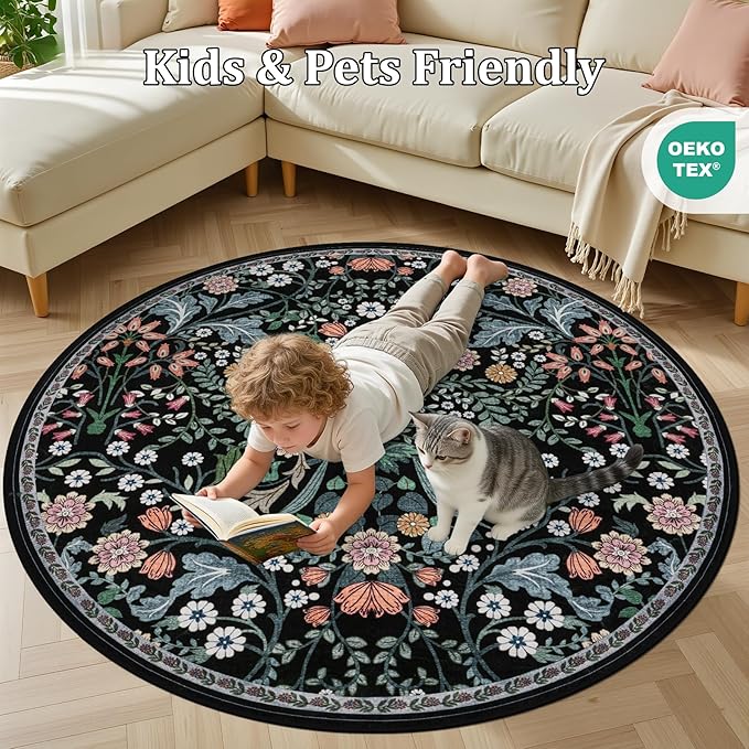 Round Area Rug for Living Room: 4 ft Floral Washable Circle Rug Soft Boho Non-Slip Carpet Indoor Stain Resistant Low Pile Small Circular Rug for Bedroom Entryway Kitchen Nursery Home Office Dark Black