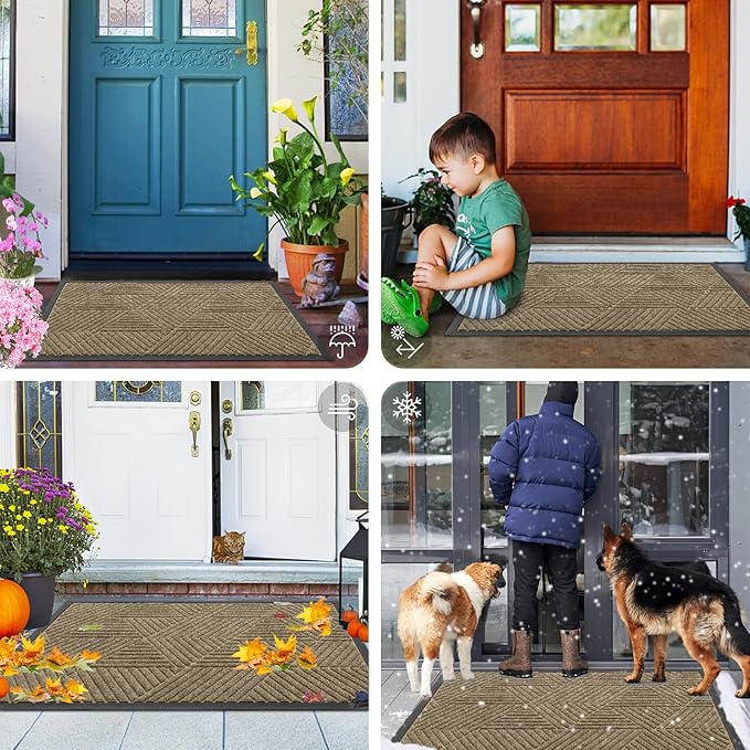 Smiry Front Door Mat Outside Entrance, Heavy Duty Sturdy Natural Rubber Doormat, Trap Dirt and Moisture, Easy Clean Low Profile Mats for Indoor Outdoor Entry, Irregular Triangle (47x32, Camel)