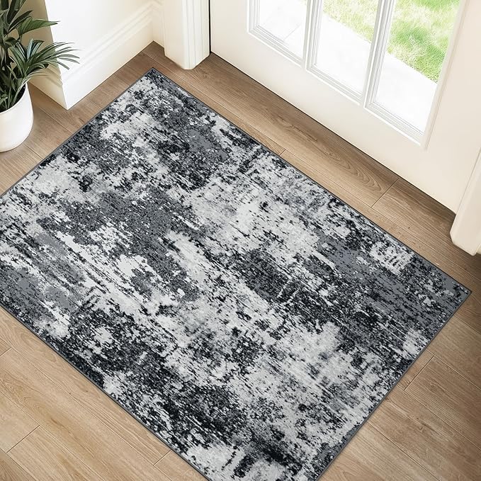 Washable Area Rugs 2'x3' Non-Slip Modern Abstract Soft for Living Room Entryway Bedroom Nursery, Print Pattern, Black Navy Blue Gray