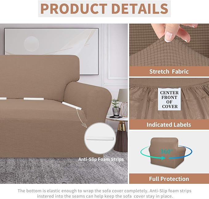 Easy-Going 100% Waterproof Chair Couch Cover,Dual Waterproof Sofa Cover, Stretch Jacquard Sofa Slipcover, Leakproof Furniture Protector for Kids, Pets, Dog and Cat (Chair, Camel)