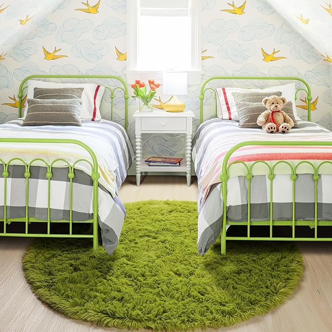Grass Green Small Round Rug 3Ft for Bedroom, Fluffy Shag Circle Area Rugs for Kids Room Classroom Nursery, Cool Living Room Decor Aesthetic, Cute Fuzzy Moss Floor Circular Carpet for Preppy Dorm