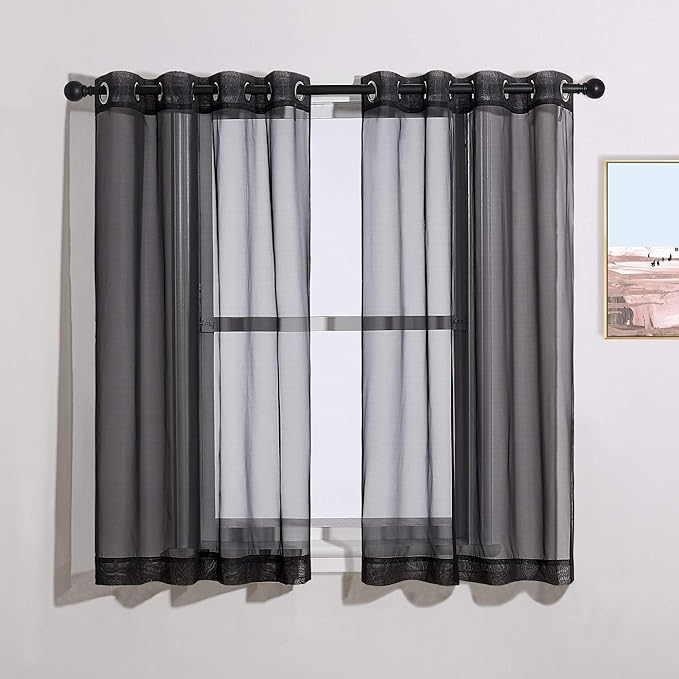 NICETOWN Sheer Curtains for Windows 54 inch Long, Ring Top Soft Voile Sheer Texture Classic Window Treatment with Light Through for Bedroom/Living Room, Black, 54 inch Wide, 2-Pack