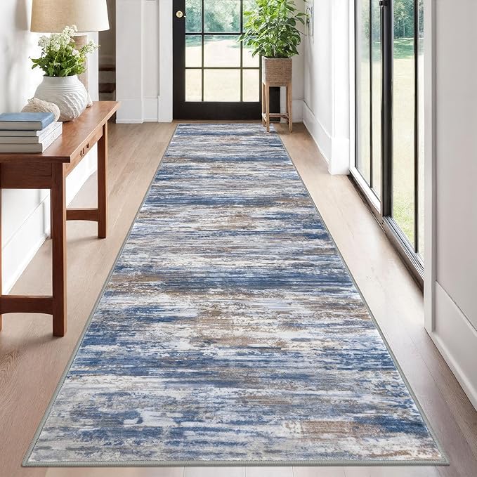 KOZYFLY Modern Abstract Washable Rug Runner 2.6x12 Hallway Rug Runner Non-Slip Soft Kitchen Runner Rugs, Blue Rust Striped Carpet for Entryway Bathroom Laundry Room Foyer