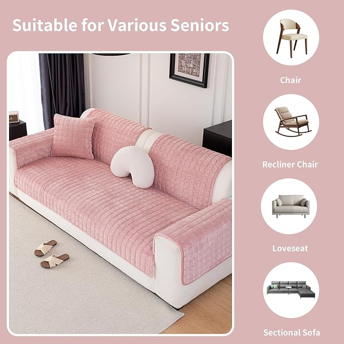 Velvet Couch Cover, Washable Sectional Sofa Cover, Anti Slip Sofa Slipcover for 3 Cushion Couch Sofa L Shaped Armrest Backrest, Furniture Protector Covers for Pets Kids(1PC, Pink, 28"×28")