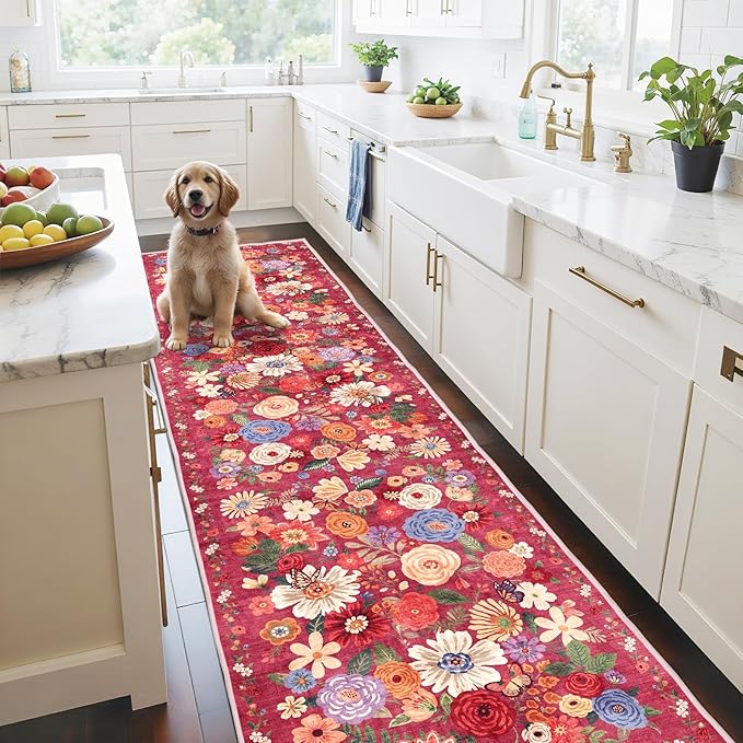 Rug for Hallways Kitchen Rug 2'6" x 14', Non Slip Washable Rugs with Rubber Backing Soft Floral Carpet Runner for Hallways, Kitchen, Laundry, Bedroom, Bathroom(2.6 x 14, Red Garden)