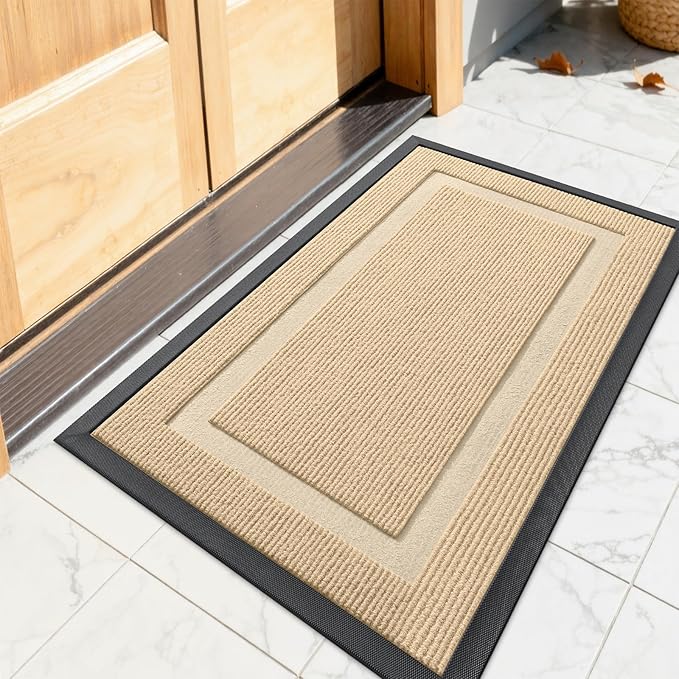 OLANLY Front Door Mat Indoor Outdoor Entrance, Waterproof All-Season, All-Weather Doormat, Sturdy Natural Rubber, Fade Resistant, Low Profile, Easy Clean Patio Porch Entryway Mat, 23.5x15.5, Beige