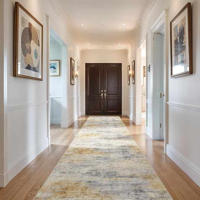 2'6''x14' Washable Kitchen Runner Rug: Modern Abstract Runners for Hallway Soft Non Slip Rugs with Rubber Backing Low Pile Thin Floor Carpet for Entryway Bedroom Bathroom Indoor(Grey/Yellow,2'6''x14')