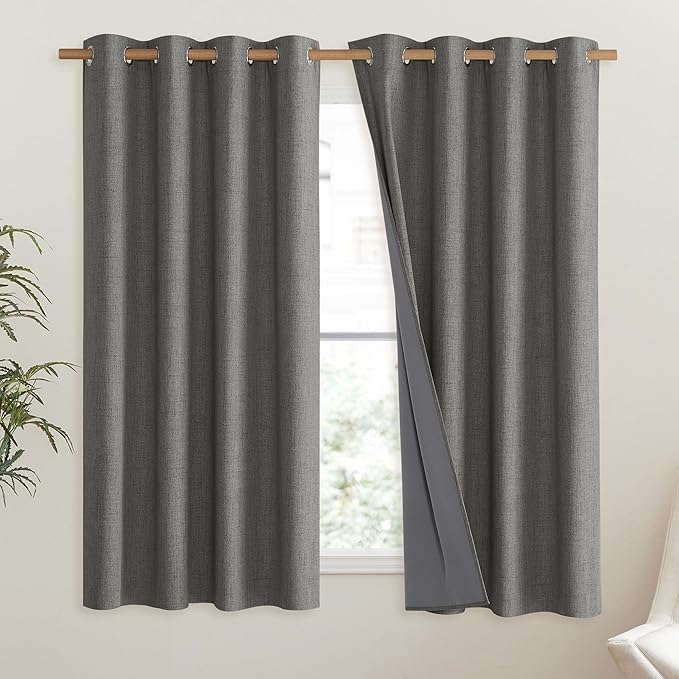 NICETOWN Grizzle Gray Vintage Linen 100% Blackout Curtains for Living Room, Thermal Insulated Curtains 63" Long, Noise Reducing Window Treatment Drapes for Hall Room, 52" Wide Per Panel, Set of 2