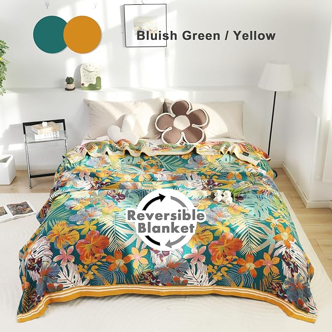 MSGKV Boho Throw Blanket for Couch and Sofa Cotton Blankets for Living Room Bedroom Reversable Florals Throw 60"x80" Spring Breathable Cozy Blankets