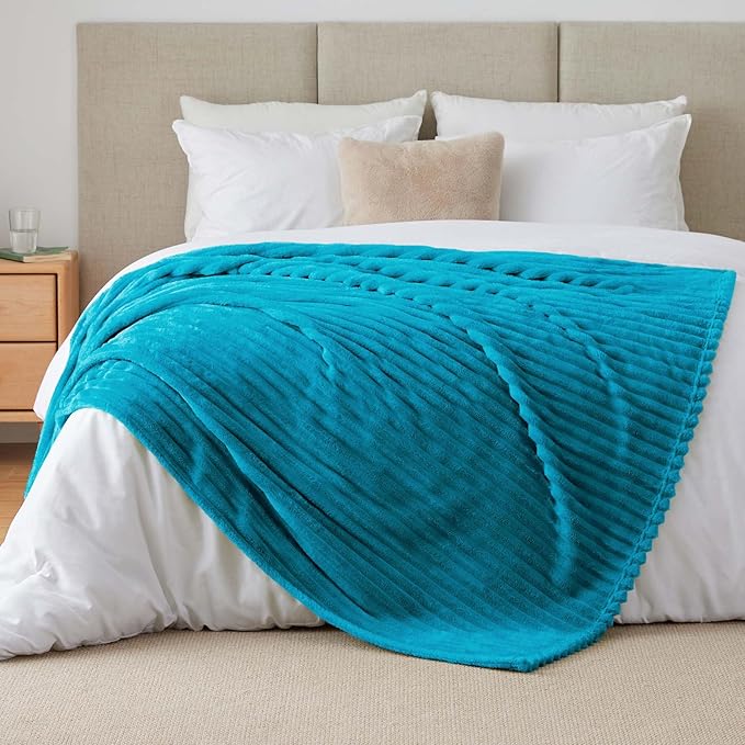 BEDELITE Fleece Throw Blanket for Couch - 300GSM Soft & Warm Fluffy Teal Blanket, Decorative and Giftable Striped Blankets for Women, Men, 50"x60"