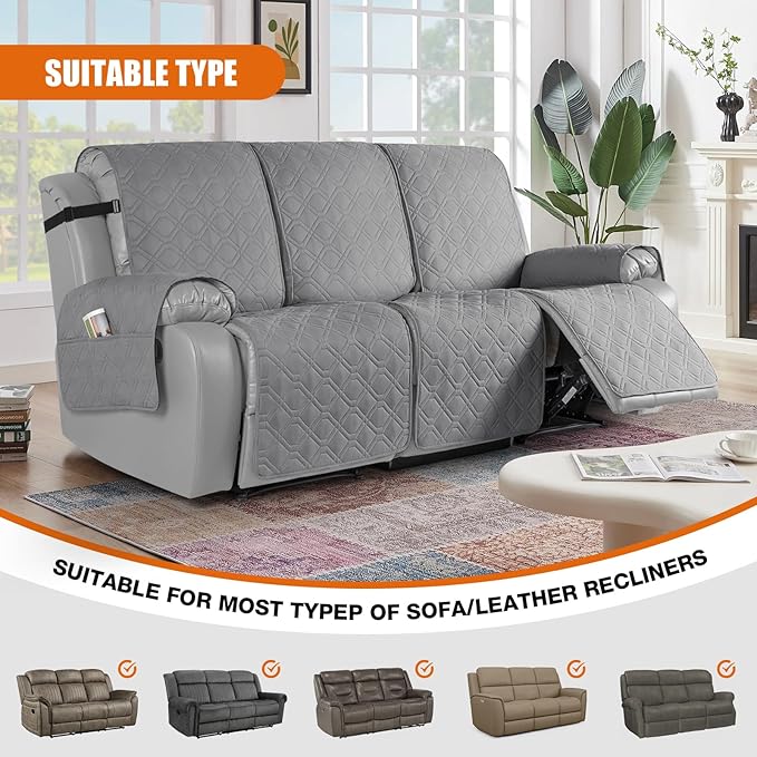 VANSOFY Waterproof Recliner Couch Covers, Sofa Covers 1-Piece Washable Reclining Sofa Cover Non-Slip Furniture Protector with Elastic Straps Pocket for Dogs, Pets(Light Gray,3 Seater)