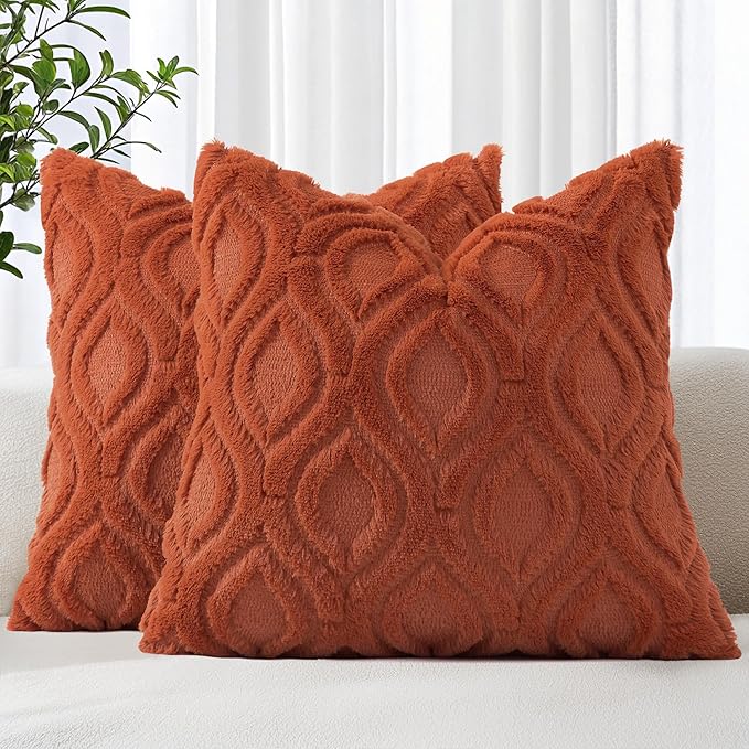 decorUhome Throw Pillow Covers 18x18 Inch Set of 2, Soft Plush Faux Wool Rust Solid Couch Pillow Covers, Accent Farmhouse Neutral Square Pillow Cases for Sofa Bed Living Room