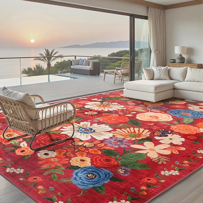 Area Rugs 10x14 Living Room, Non Slip Machine Washable Floral Rugs, Low Pile Lightweight Large Rug for Bedroom, Dining Room, Home Office(10 x 14, Red Garden)