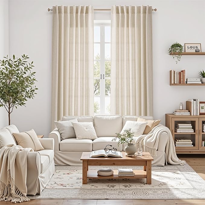 Linen Curtains for Living Room 72 Inches Long Modern Farmhouse Decor Light Filtering Semi Sheer Curtain Back Tab Neutral Luxury Rustic Burlap Coastal Drapes for Bedroom Office 52x72, 2 Panels