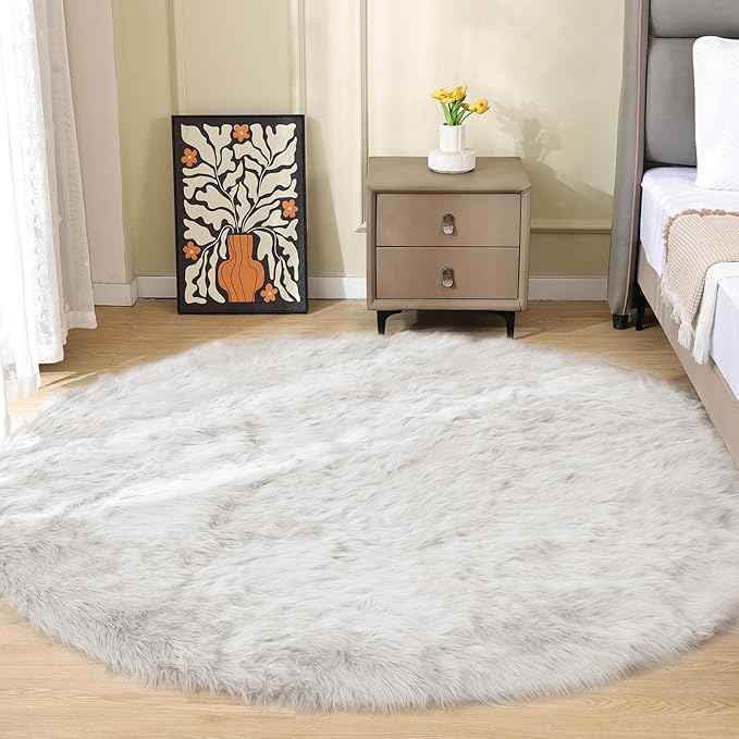 ORINOVA White Shag Round Rugs 6ft Washable Faux Sheepskin Fluffy Fur Area Rugs for Living Room Large Circle Boho Nursery Rug Teen Room Décor